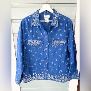 Vintage quacker factory blue bandana print jacket light coat beaded quirky weird